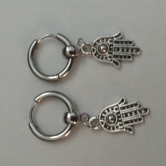 Earrings Stainless Steel Hamsa Hand of Fatima's Evil Eye Protection Silver-tone - Picture 9 of 13